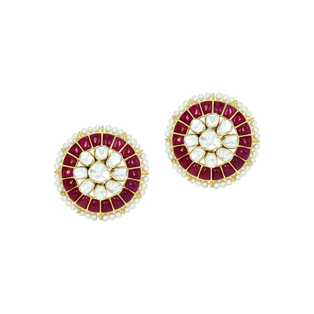 Ruby Coloured Talaf Studs with Polki Cluster and Pearl Detailing